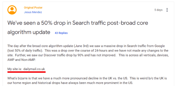 UK’s Daily Mail Complaining About Ranking Drop on Google Webmaster Forum 