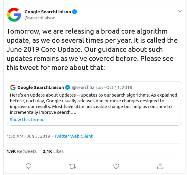 June 2019 Google Core Algorithm Update announcement on Twitter