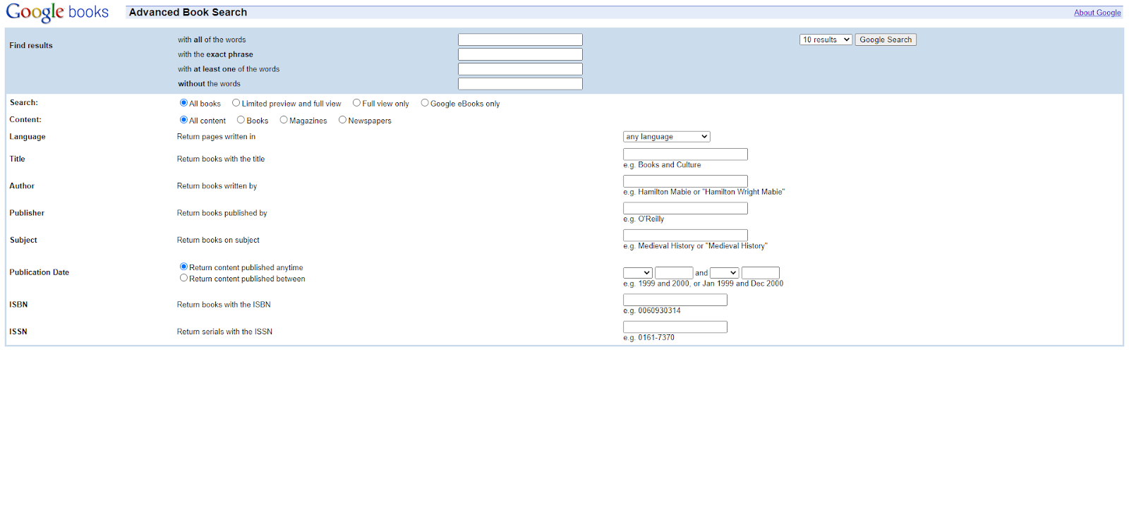 Google Books Advanced Search